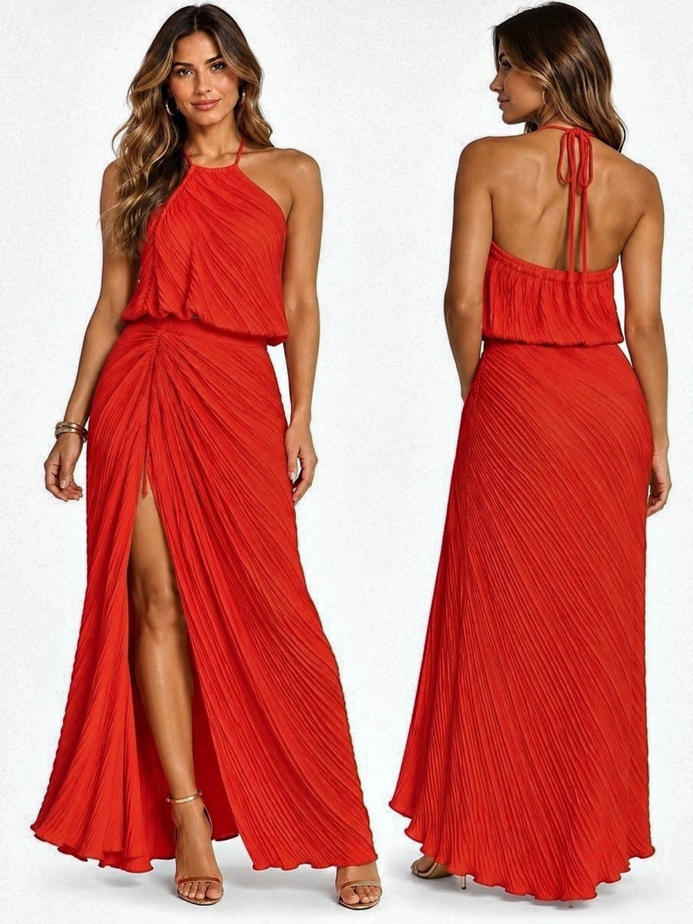 Shimmering Sea Pleated Halter top and skirt coral Orange